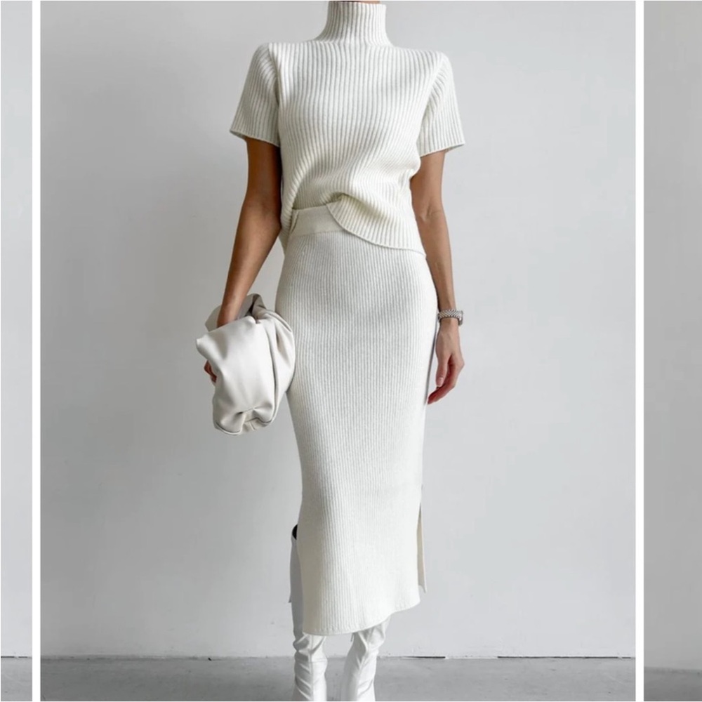 Commense Cream Ribbed Knit Skirt Set NWT M